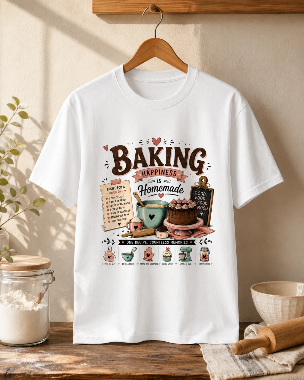 Baking Happiness Is Homemade - White Round Neck Baking T-shirt