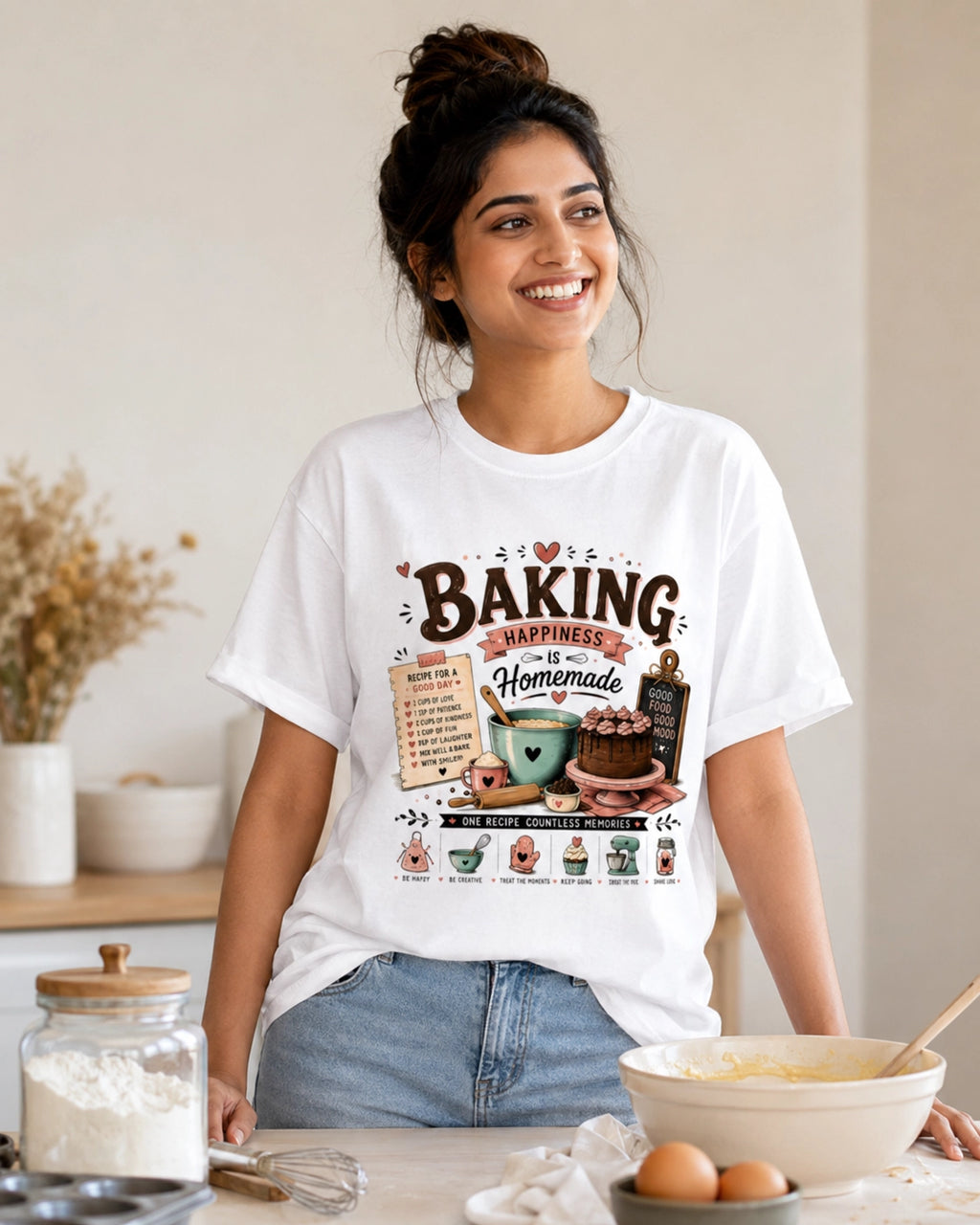 Baking Happiness Is Homemade - White Round Neck Baking T-shirt