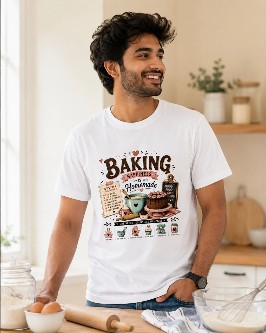 Baking Happiness Is Homemade - White Round Neck Baking T-shirt