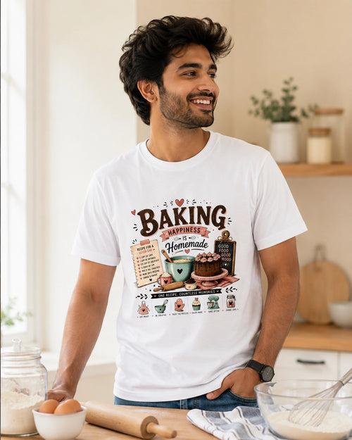 Baking Happiness Is Homemade - White Round Neck Baking T-shirt