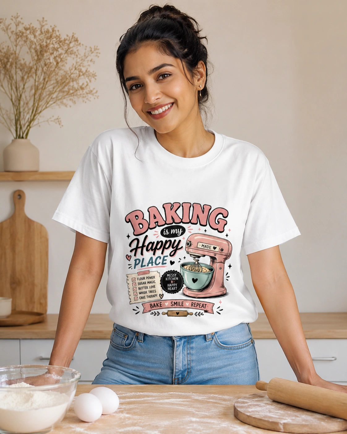 Baking Is My Happy Place White Unisex Graphic T-Shirt for Bakers