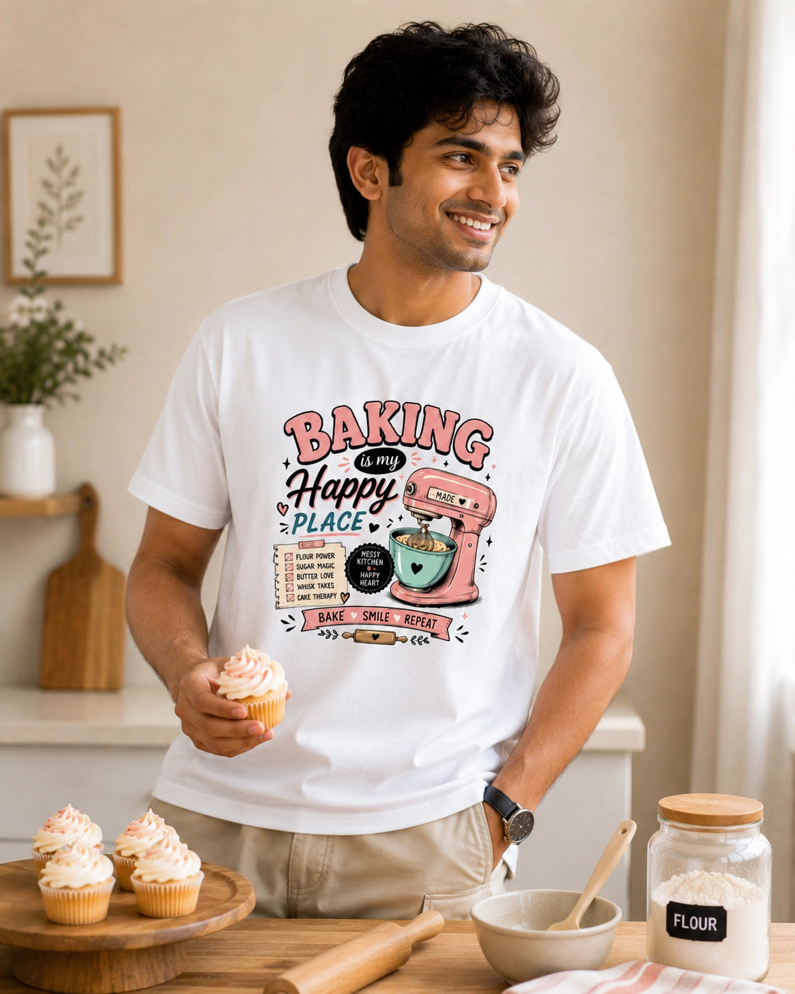 Baking Is My Happy Place White Unisex Graphic T-Shirt for Bakers