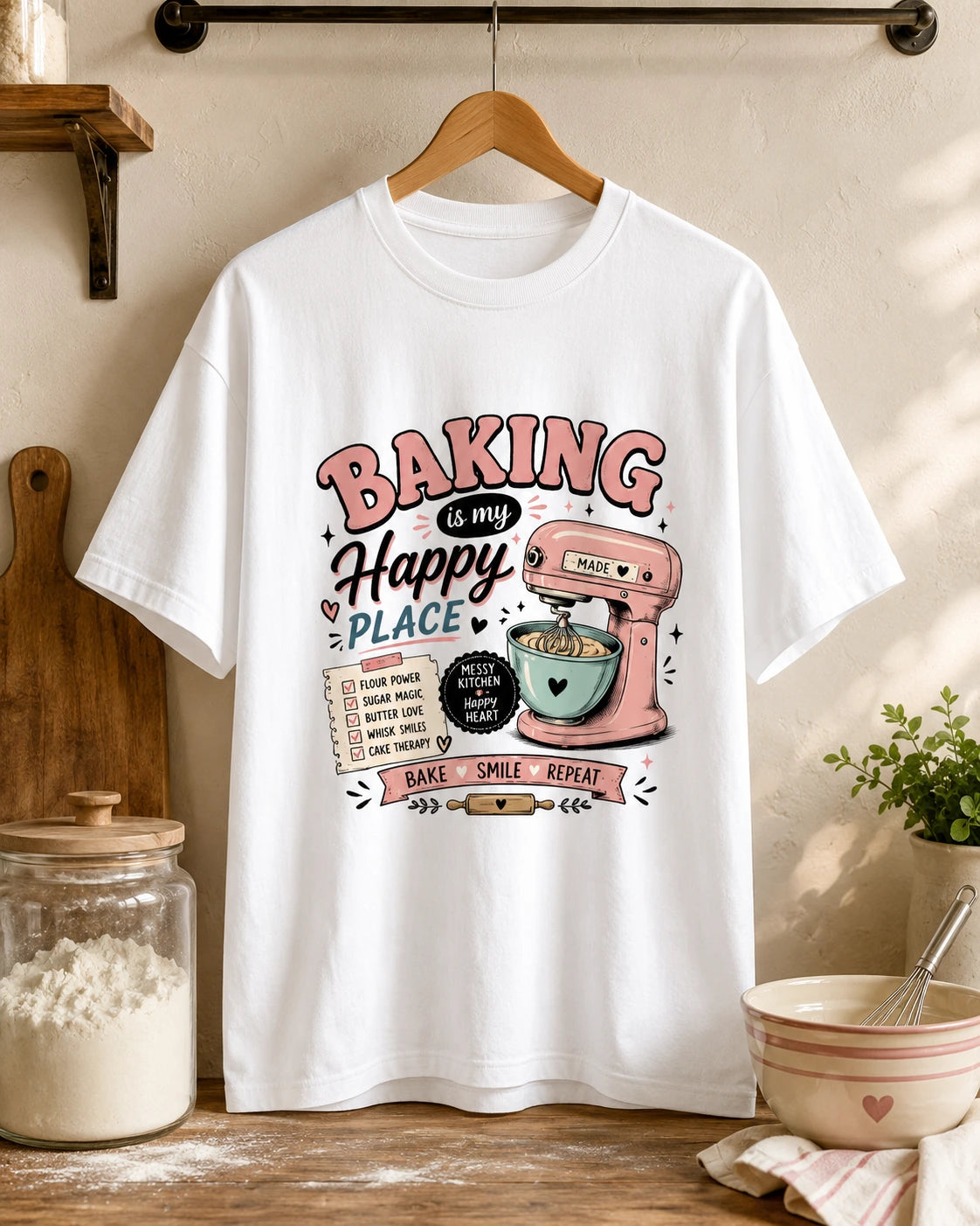 Baking Is My Happy Place White Unisex Graphic T-Shirt for Bakers