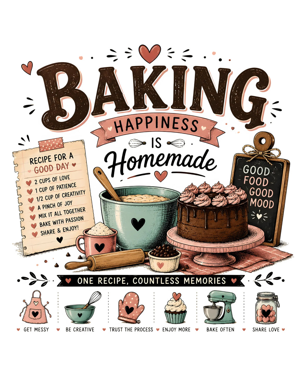 Baking Happiness Is Homemade - White Round Neck Baking T-shirt