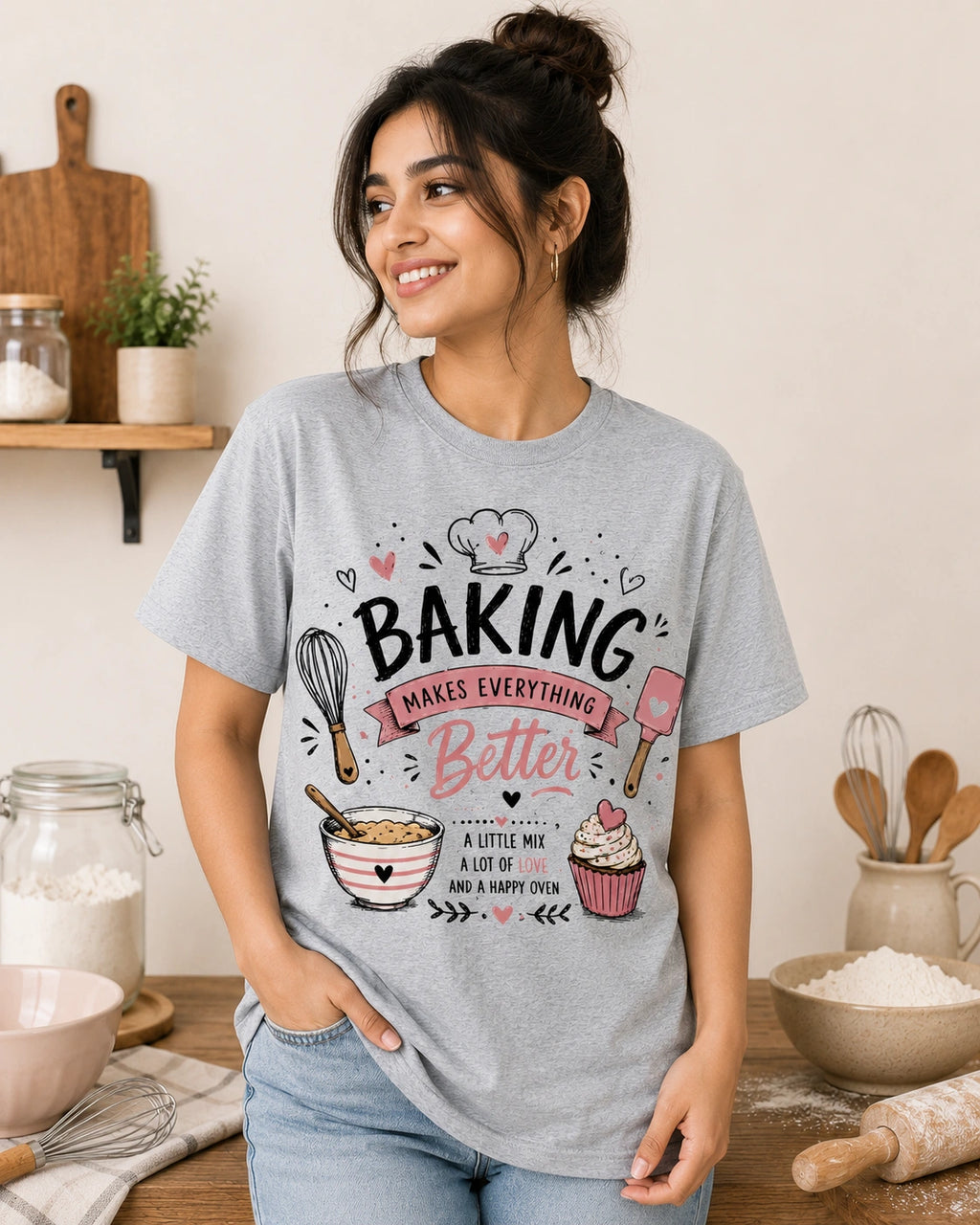 Baking Makes Everything Better - Grey Melange Round Neck Baking T-shirt