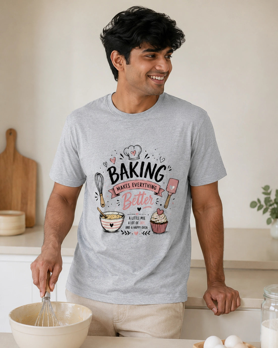 Baking Makes Everything Better - Grey Melange Round Neck Baking T-shirt