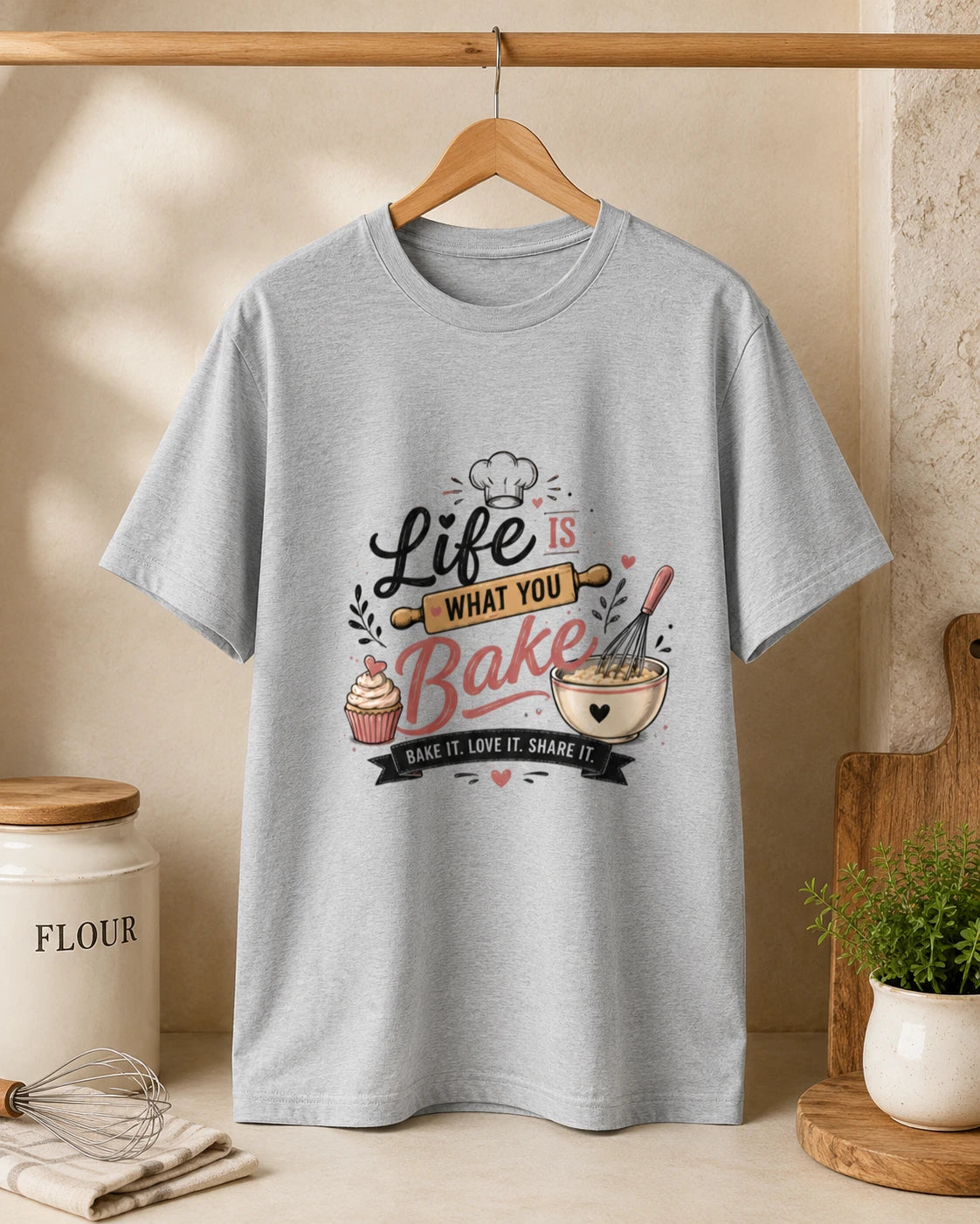 Life Is What You Bake - Grey Melange Round Neck Baking T-shirt