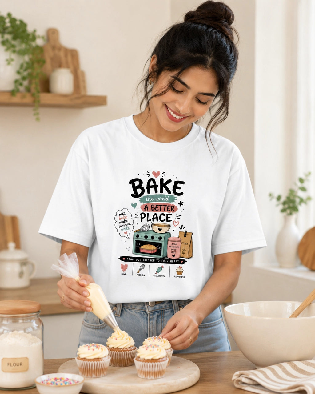 Bake The World A Better Place - White Round Neck Baking T-shirt