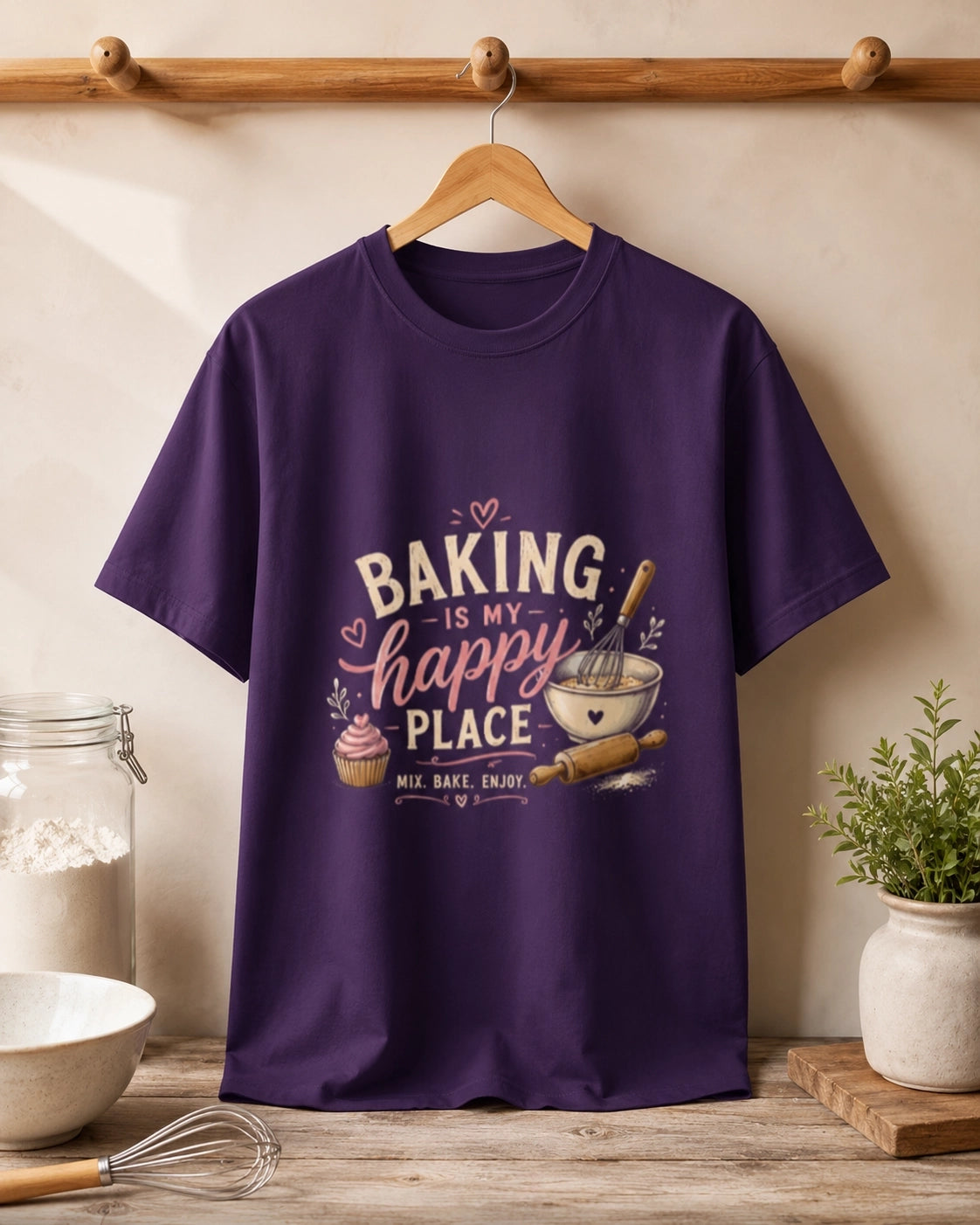 Baking Is My Happy Place - Purple Round Neck Baking T-shirt