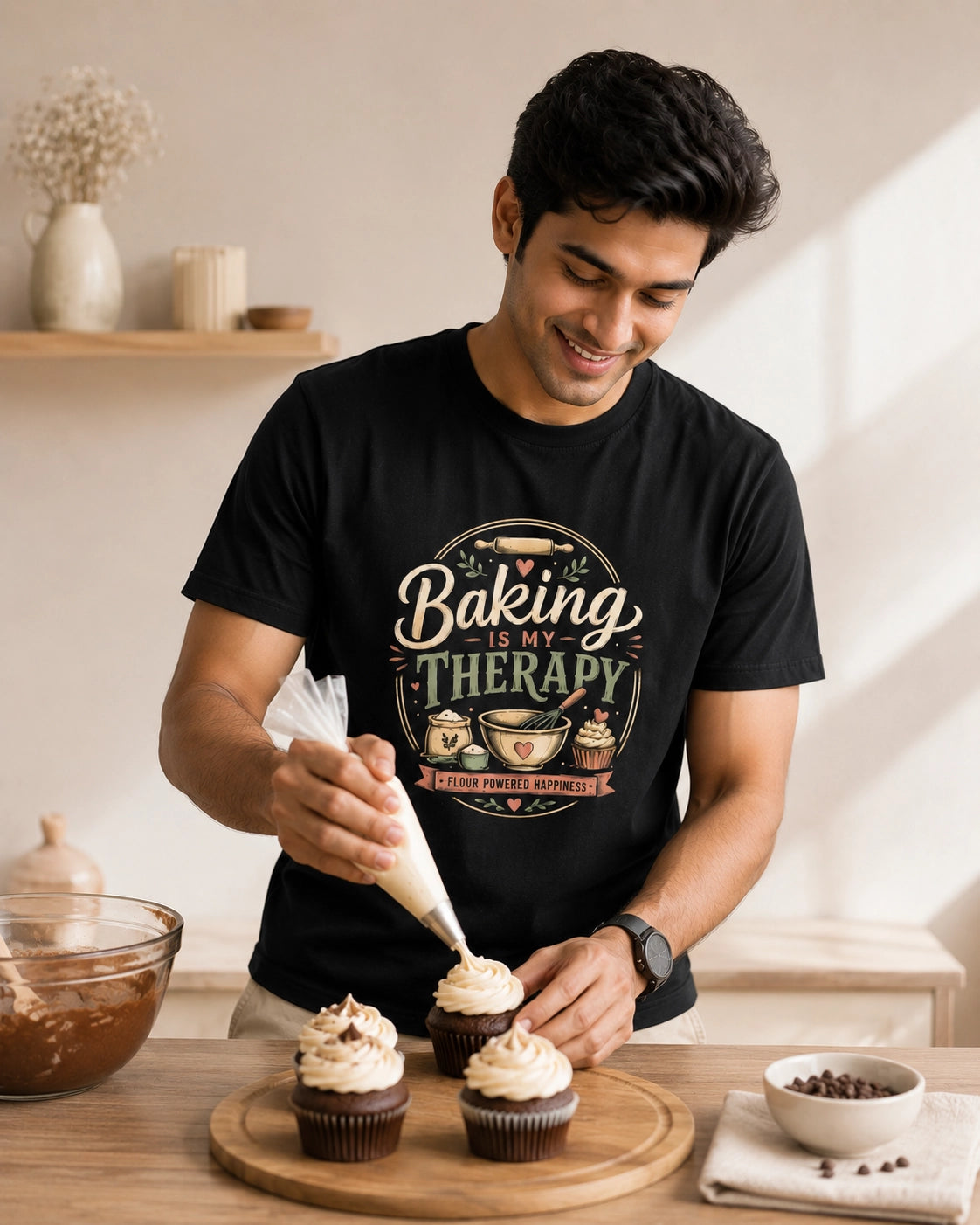 Baking Is My Therapy - Black Round Neck Baking T-shirt