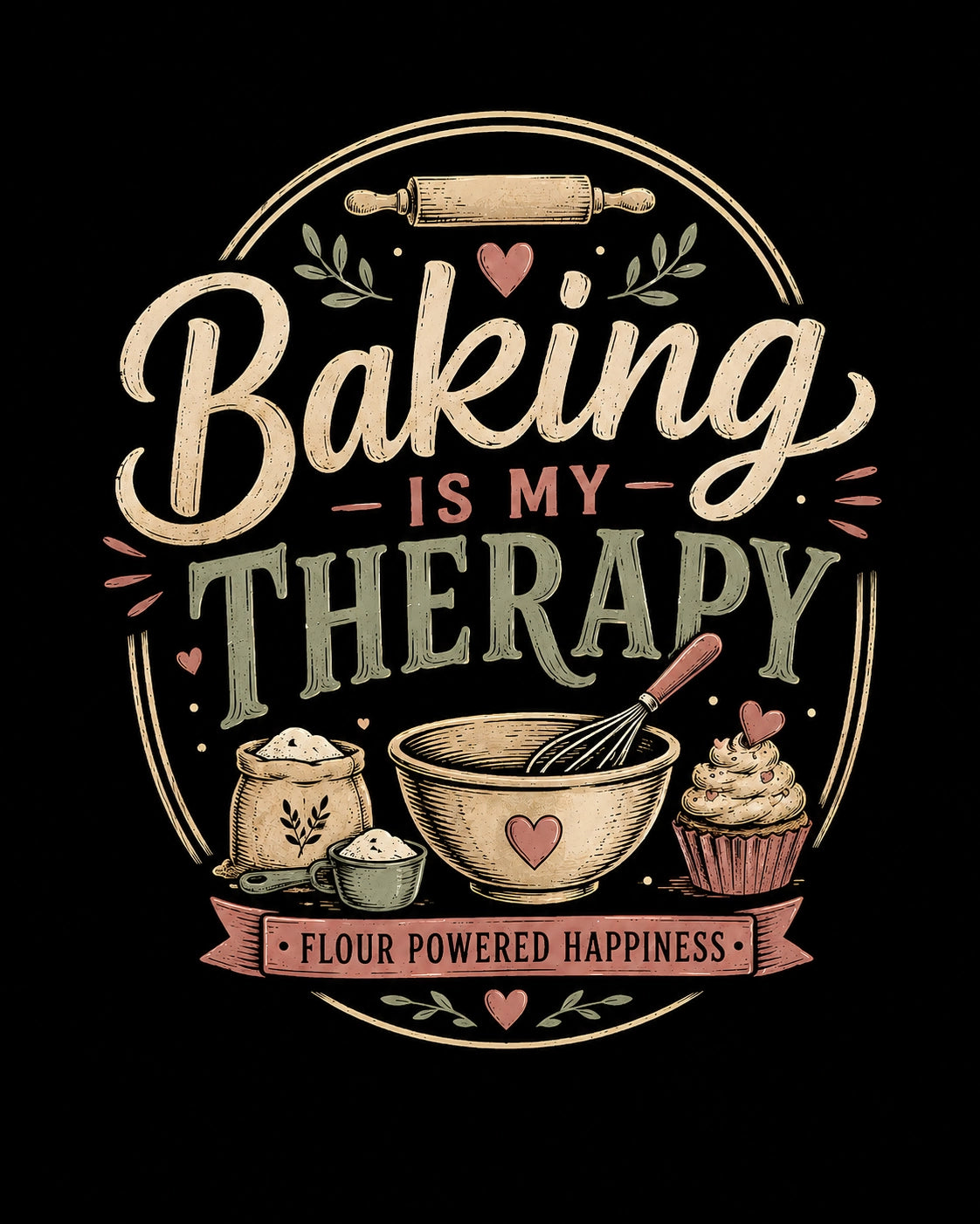 Baking Is My Therapy - Black Round Neck Baking T-shirt