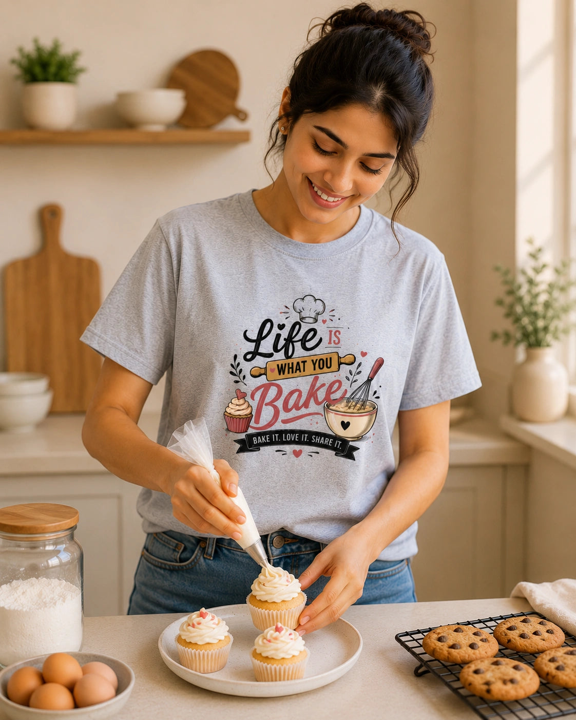 Life Is What You Bake - Grey Melange Round Neck Baking T-shirt