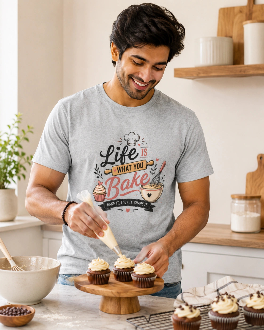 Life Is What You Bake - Grey Melange Round Neck Baking T-shirt