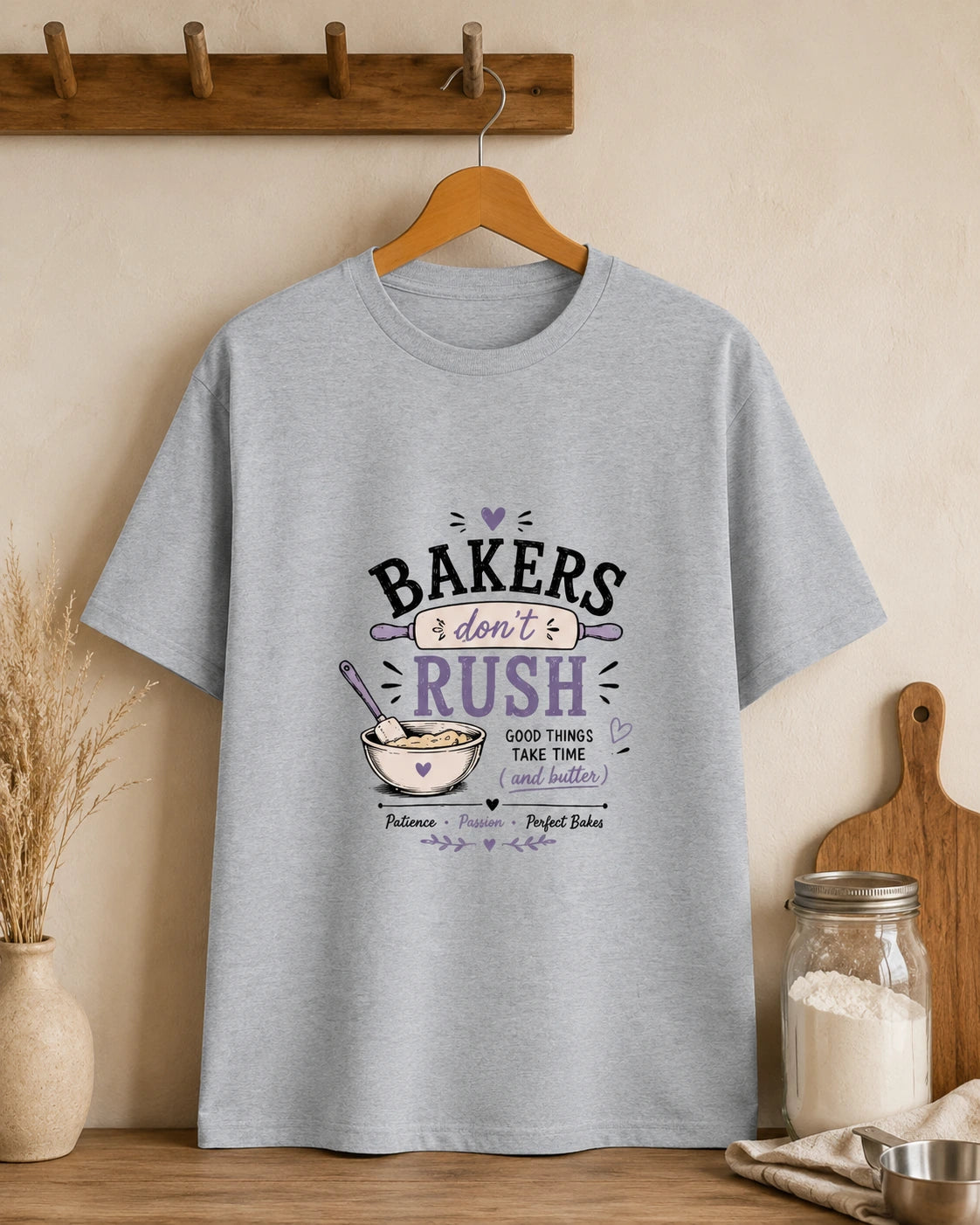 Bakers Don't Rush - Grey Melange Round Neck Baking T-shirt