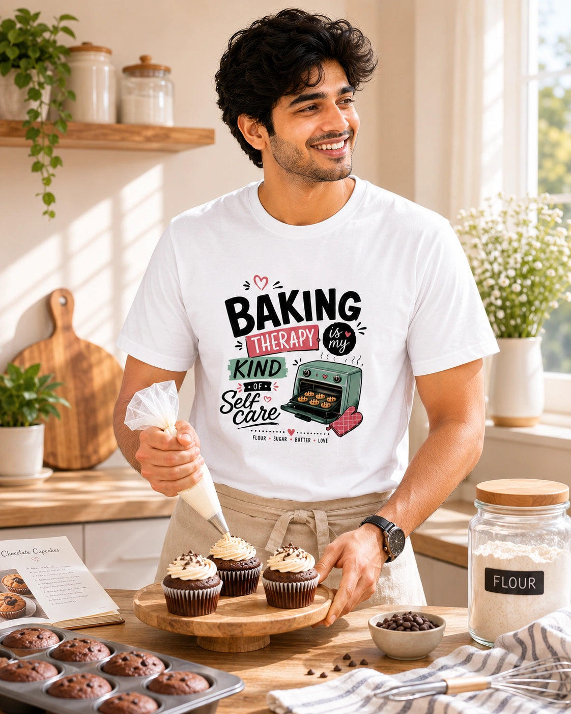 Baking Therapy Is My Kind Of Self Care - White Round Neck Baking T-shirt