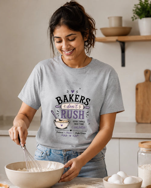 Bakers Don't Rush - Grey Melange Round Neck Baking T-shirt