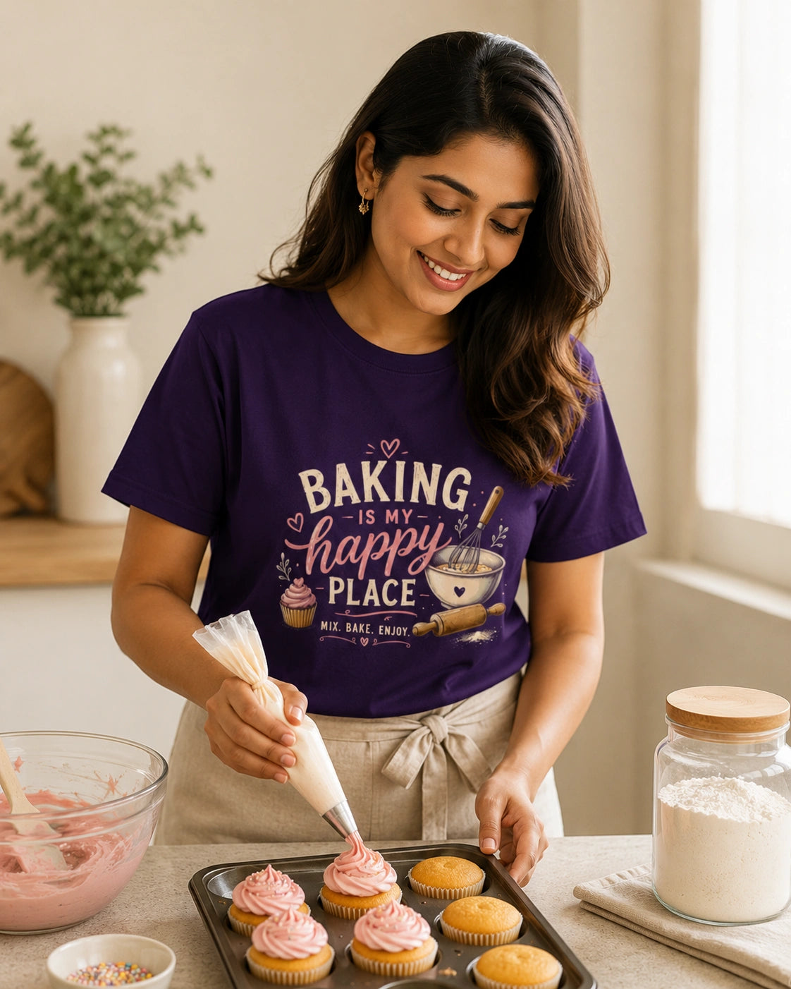 Baking Is My Happy Place - Purple Round Neck Baking T-shirt