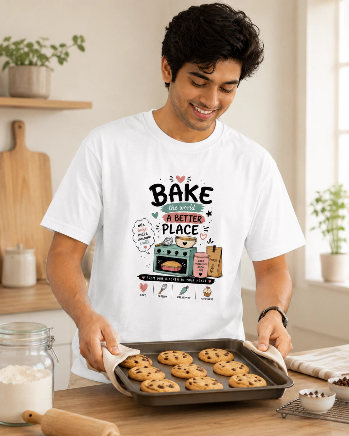 Bake The World A Better Place - White Round Neck Baking T-shirt