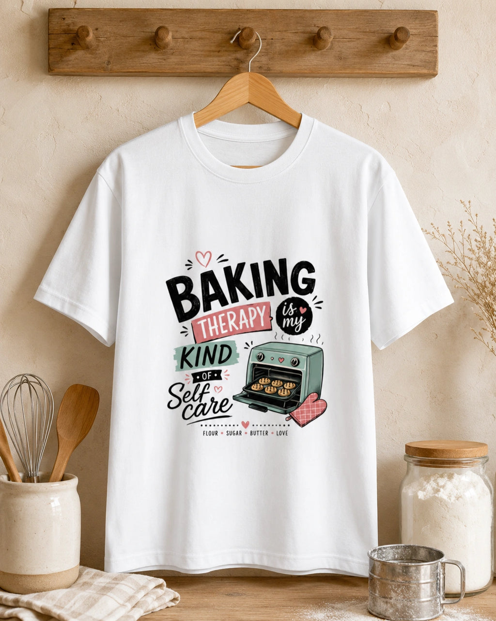 Baking Therapy Is My Kind Of Self Care - White Round Neck Baking T-shirt