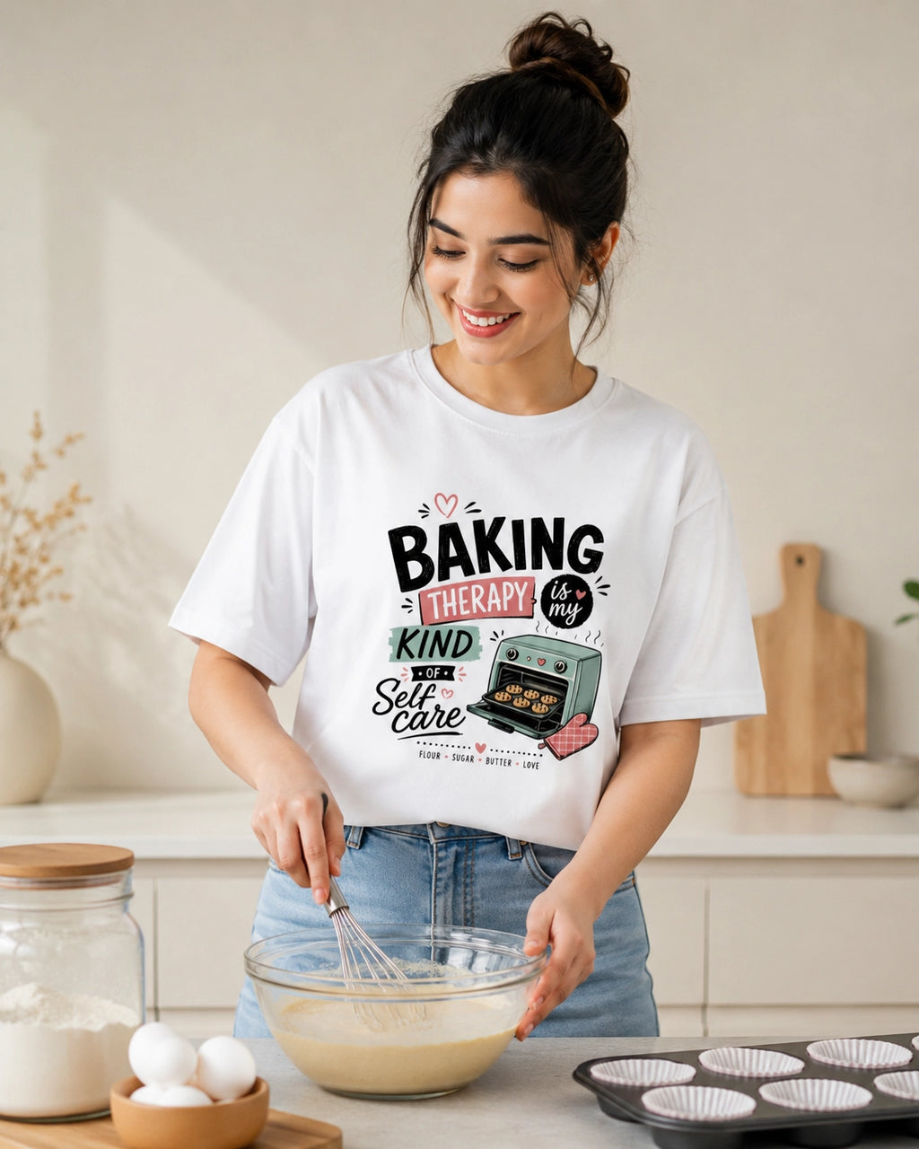 Baking Therapy Is My Kind Of Self Care - White Round Neck Baking T-shirt