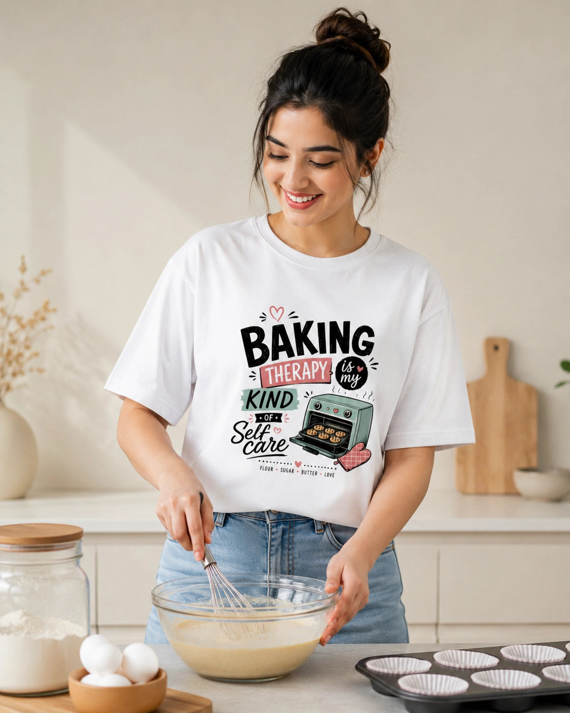 Baking Therapy Is My Kind Of Self Care - White Round Neck Baking T-shirt