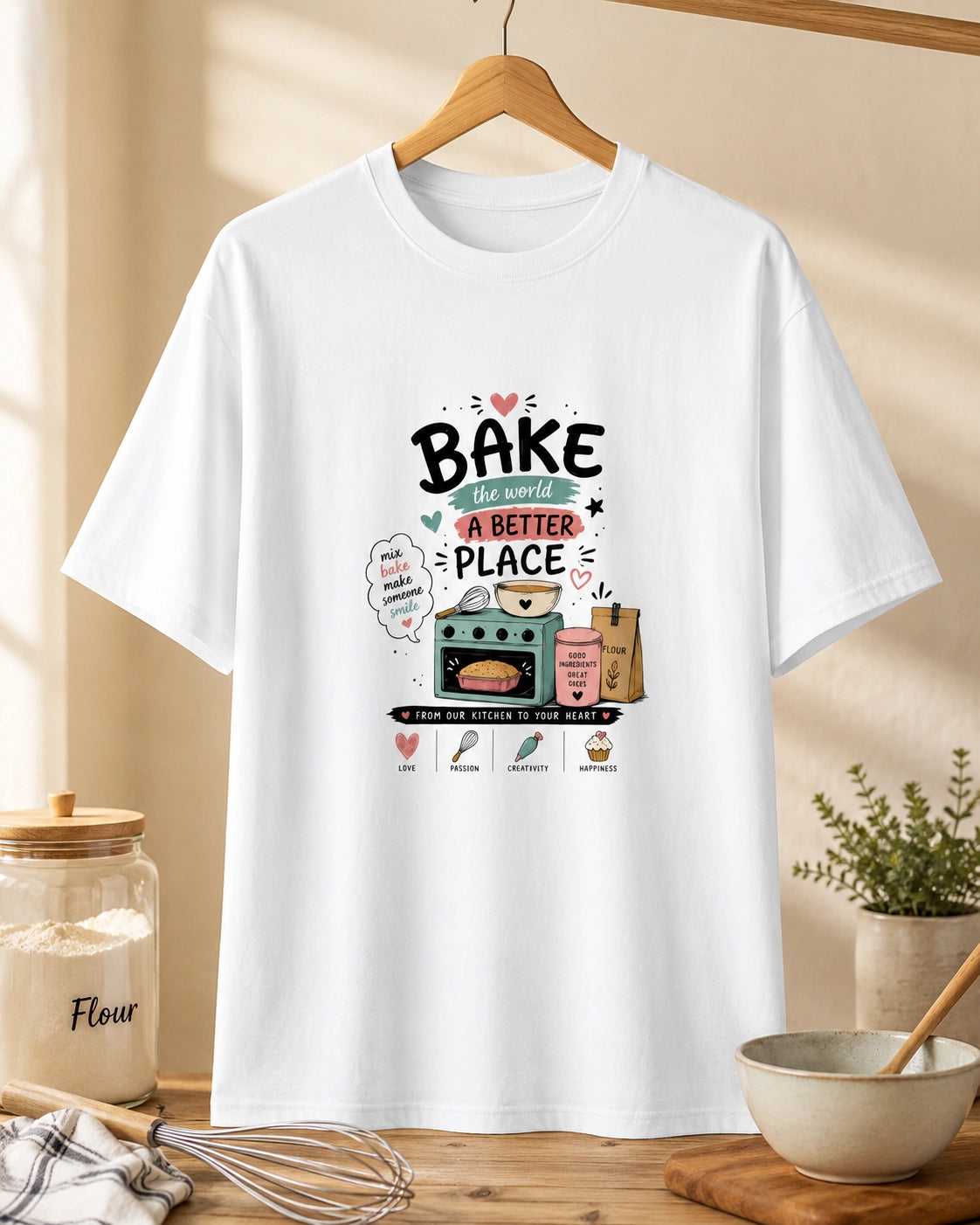 Bake The World A Better Place - White Round Neck Baking T-shirt