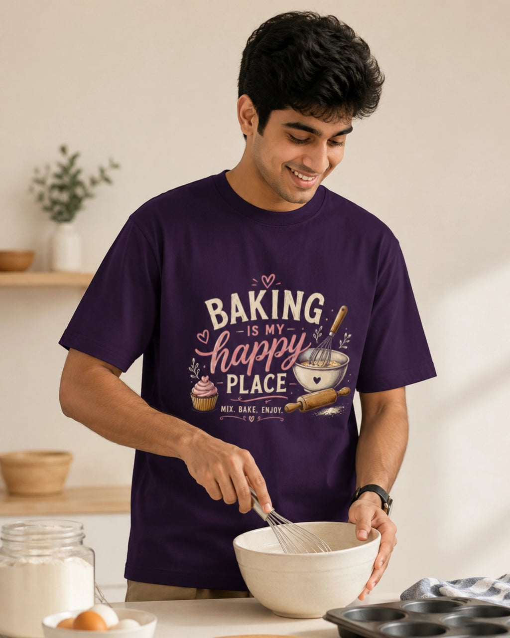 Baking Is My Happy Place - Purple Round Neck Baking T-shirt