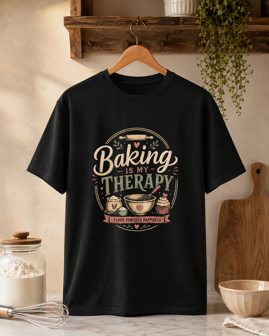 Baking Is My Therapy - Black Round Neck Baking T-shirt