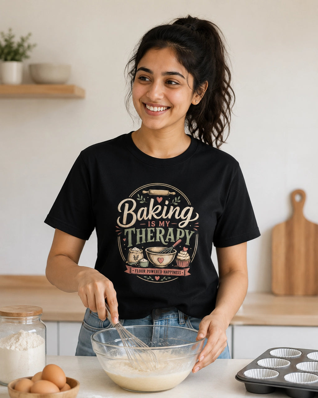 Baking Is My Therapy - Black Round Neck Baking T-shirt