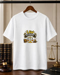 Law Student White Round Neck T-shirt featuring scales of justice, law book, judge gavel, and legal-themed graphic design.