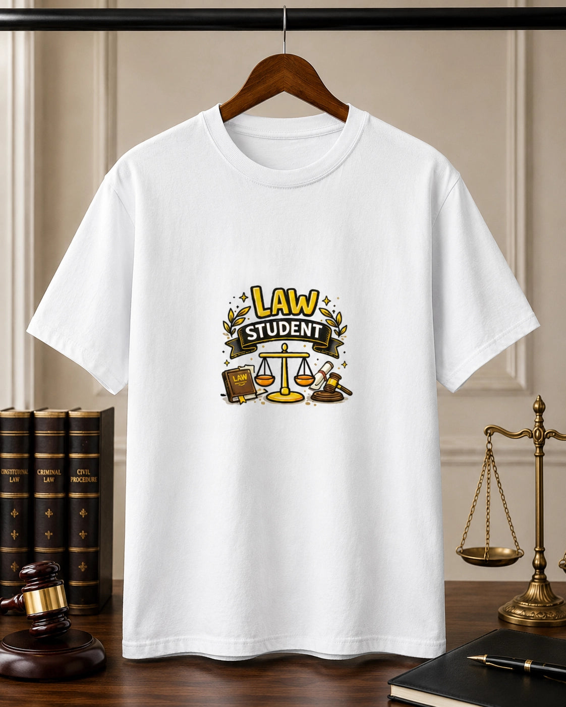 Law Student White Round Neck T-shirt featuring scales of justice, law book, judge gavel, and legal-themed graphic design.