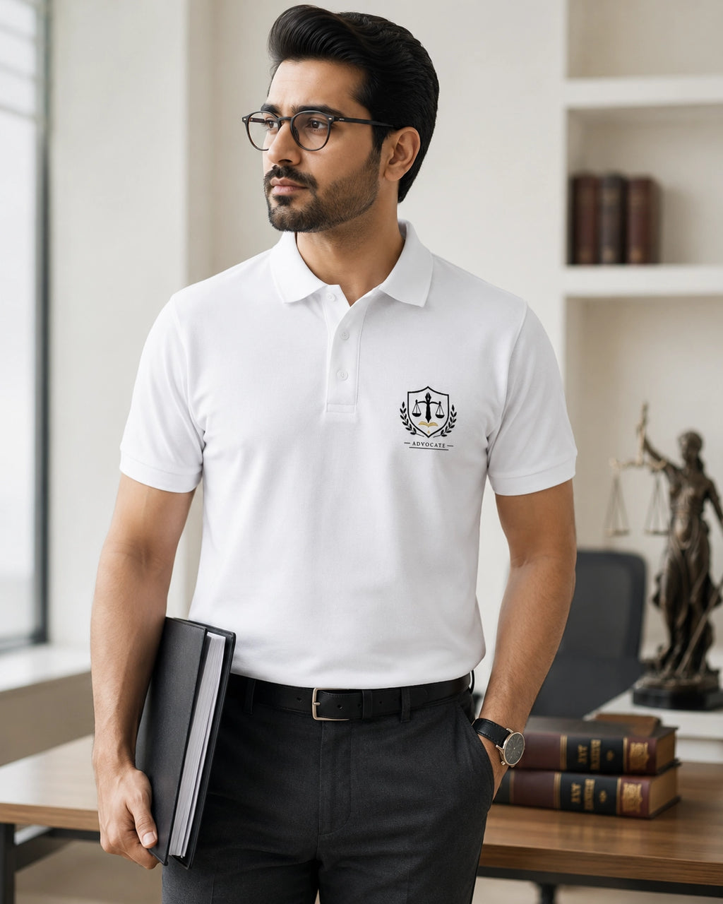Advocate Logo - White Polo Neck Lawyer T-shirt