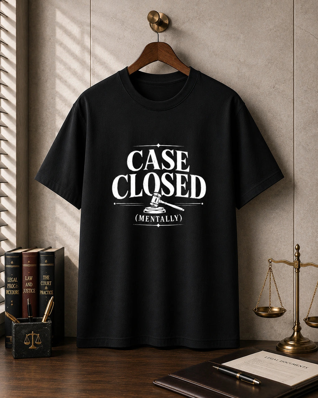 Case Closed (Mentally) - Black Round Neck Lawyer T-shirt