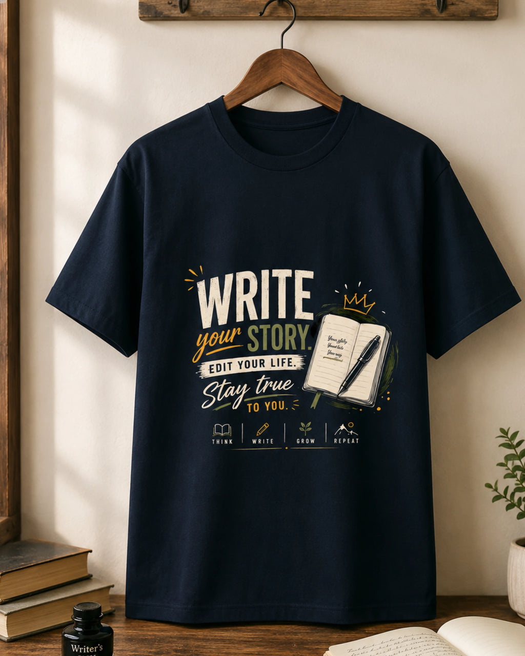 Write Your Story - Navy Blue Round Neck Writer T-shirt