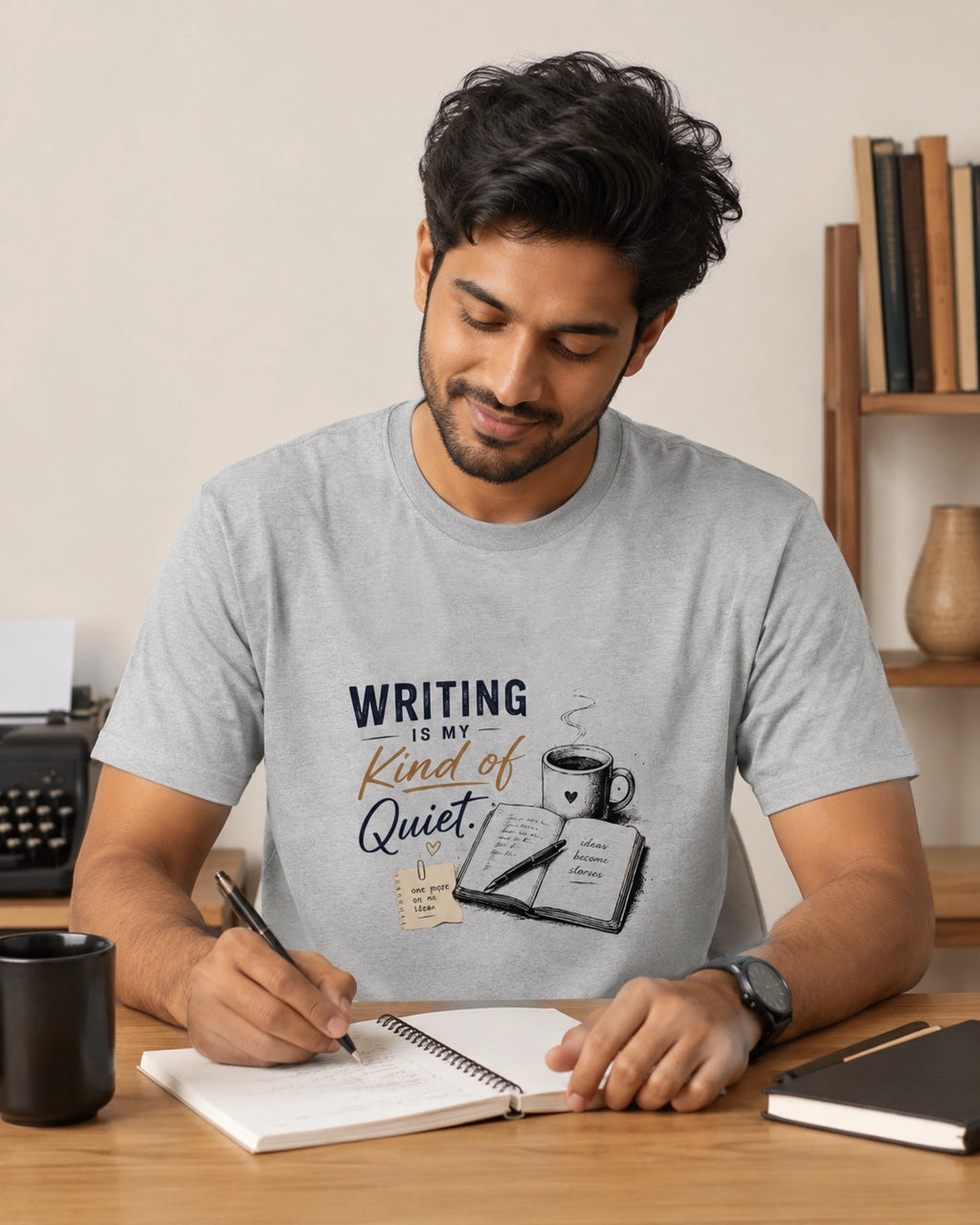 Writing Is My Kind Of Quiet - Grey Melange Round Neck Writer T-shirt