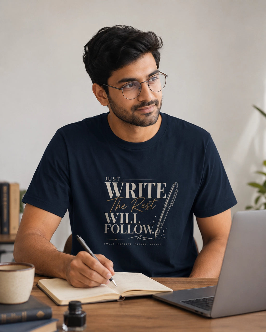 Just Write The Rest Will Follow - Navy Blue Round Neck Writer T-shirt