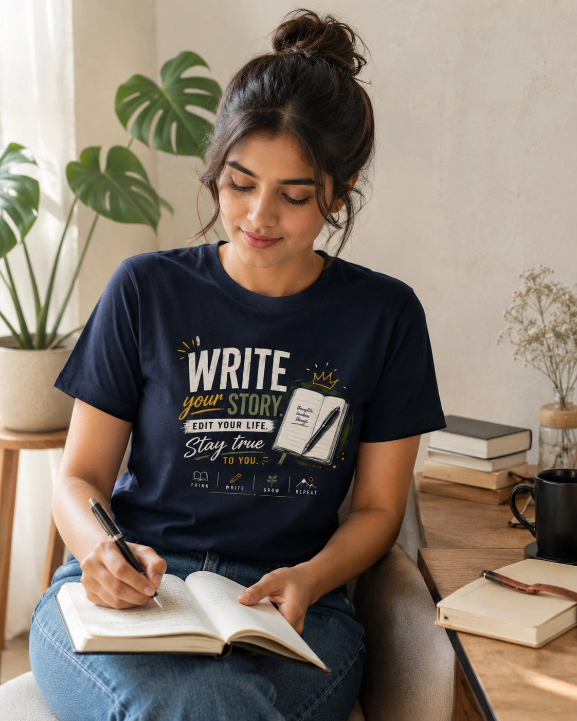 Write Your Story - Navy Blue Round Neck Writer T-shirt