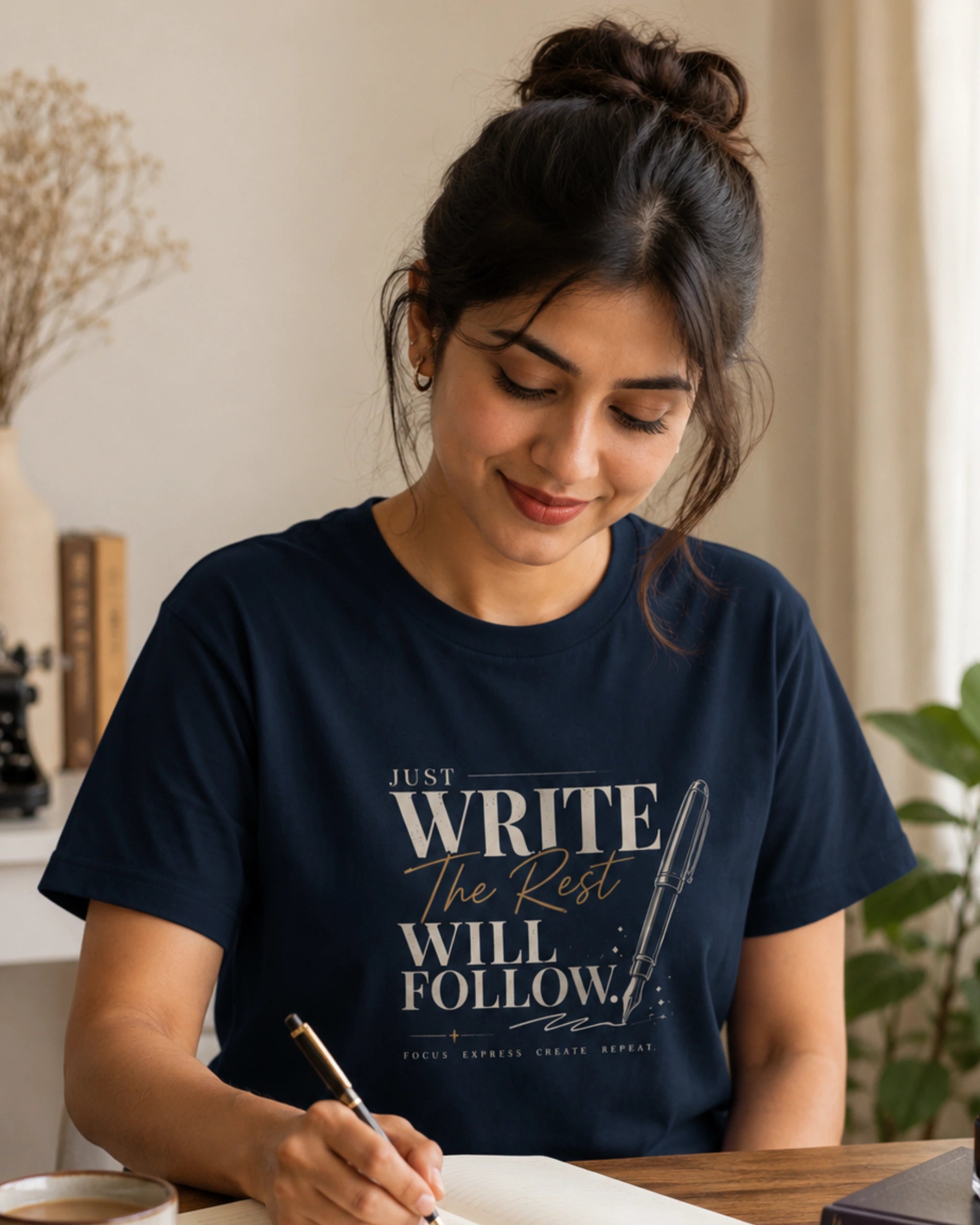 Just Write The Rest Will Follow - Navy Blue Round Neck Writer T-shirt