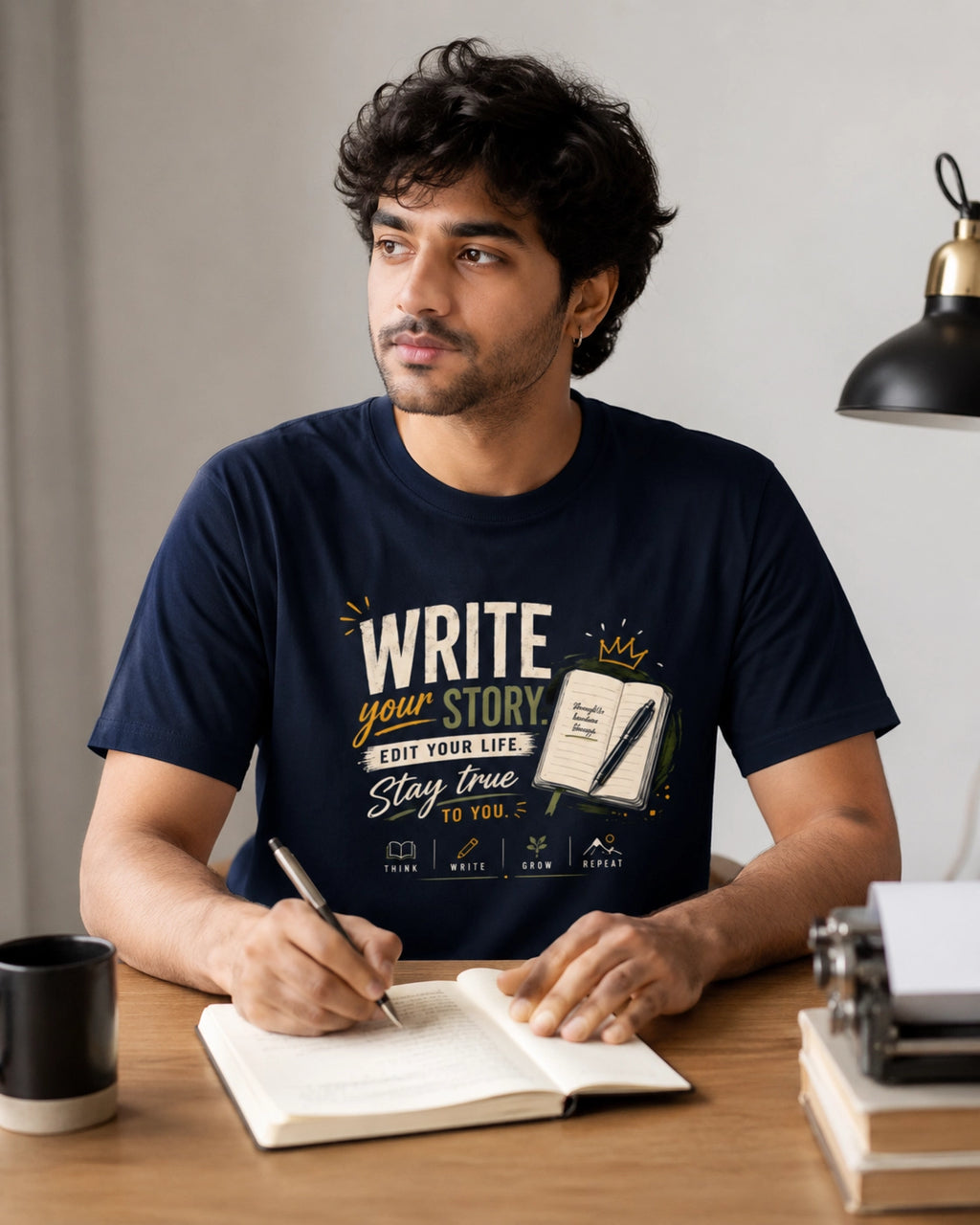 Write Your Story - Navy Blue Round Neck Writer T-shirt