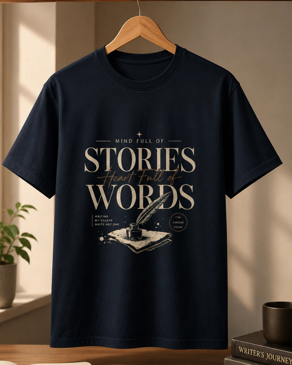 Mind Full Of Stories Heart Full Of Words - Navy Blue Round Neck Writer T-shirt