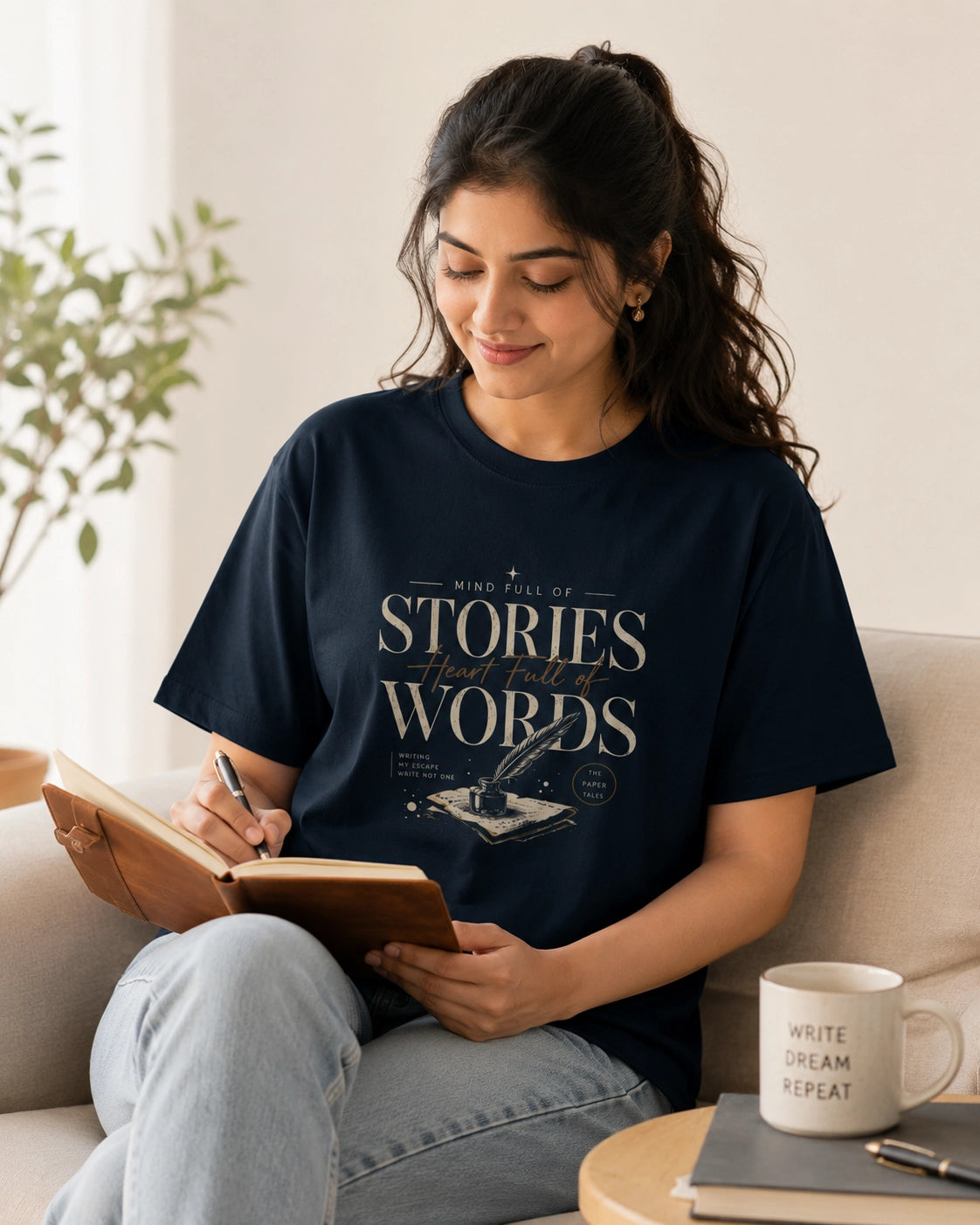 Mind Full Of Stories Heart Full Of Words - Navy Blue Round Neck Writer T-shirt