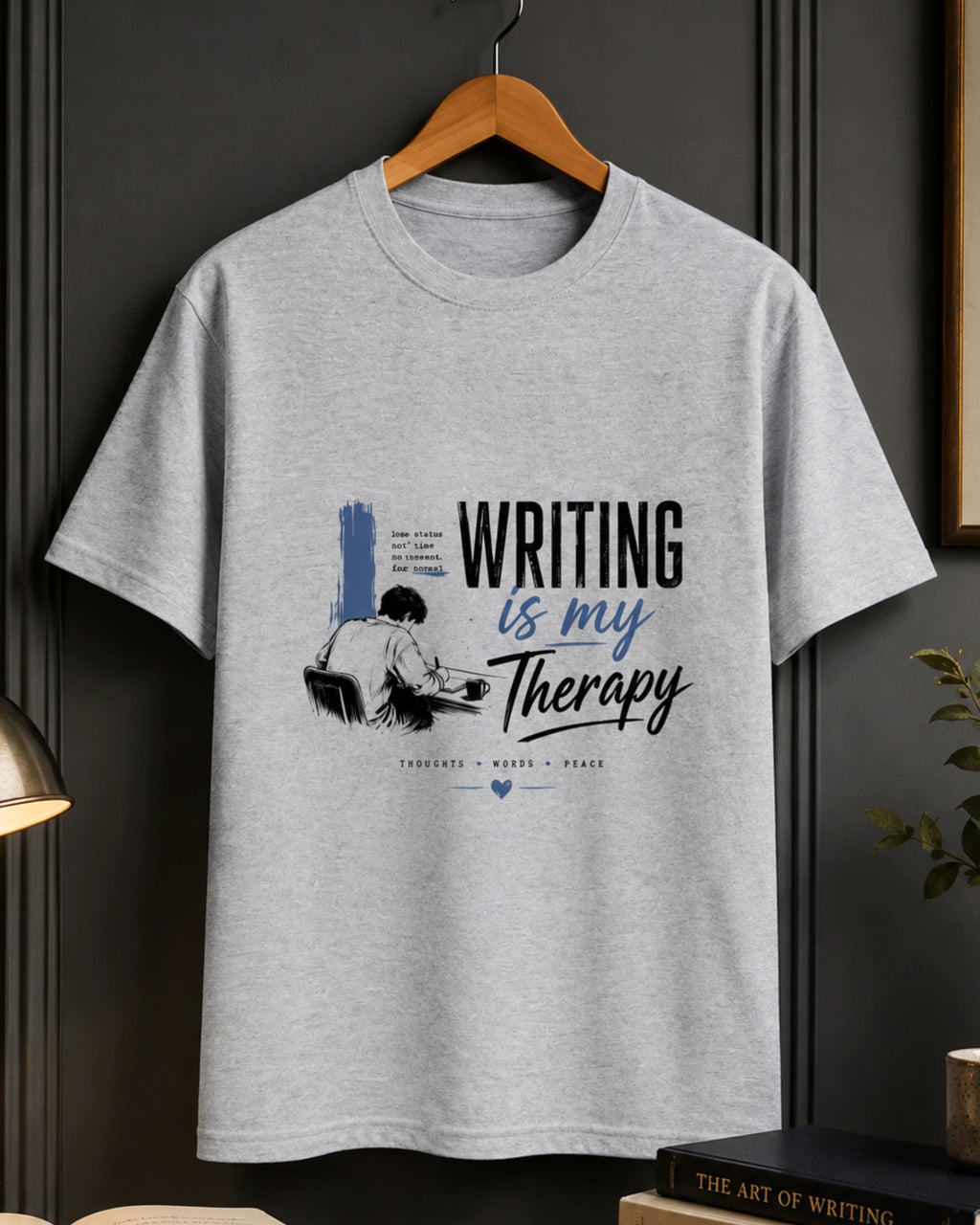 Writing Is My Therapy – Writer Graphic T-Shirt (Grey Melange)