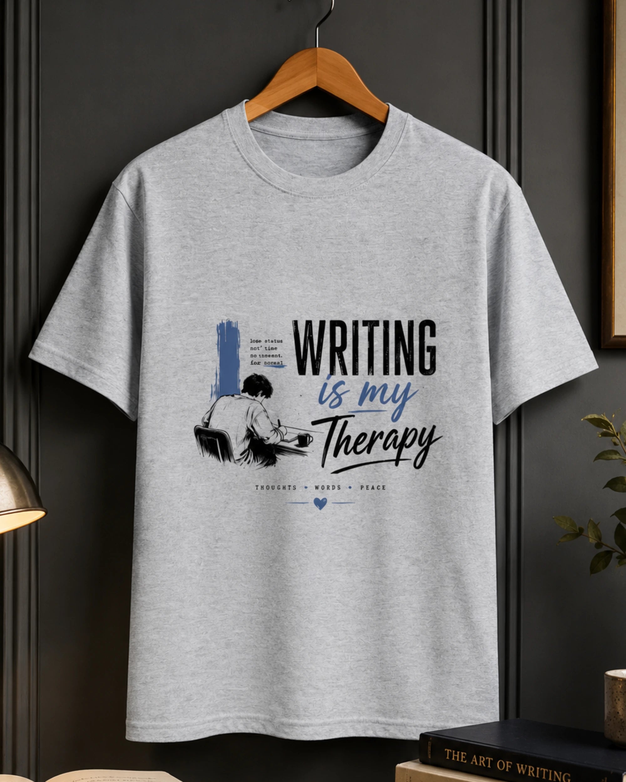 Writing Is My Therapy – Writer Graphic T-Shirt (Grey Melange)