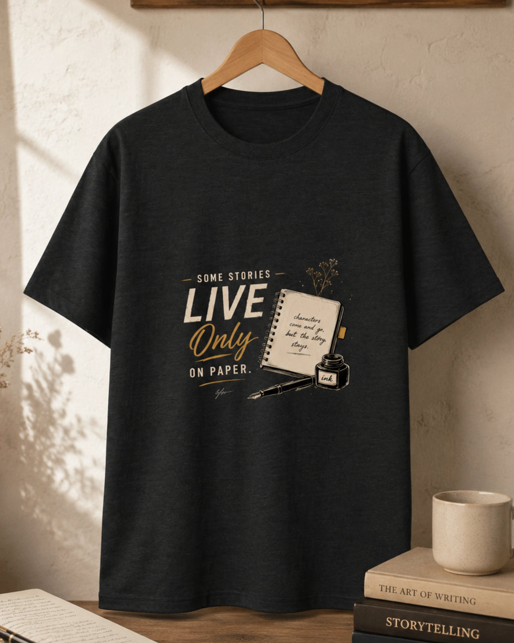 Some Stories Live Only On Paper – Writer T-Shirt (Black Melange)