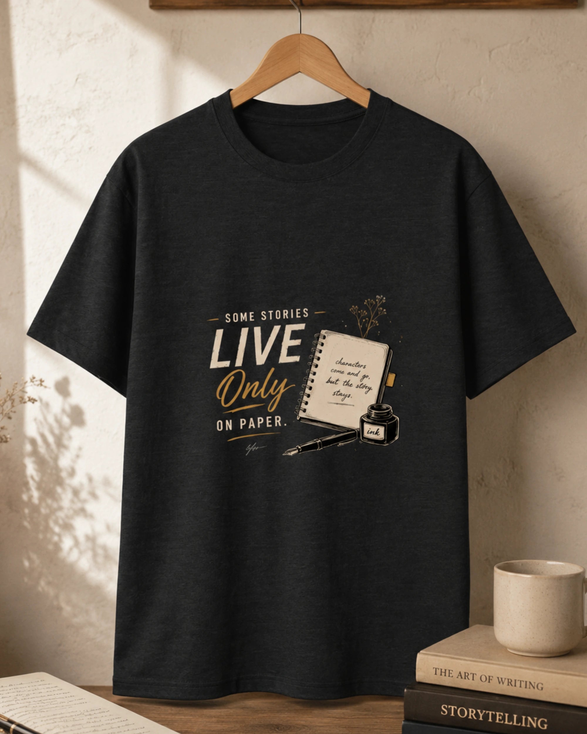 Some Stories Live Only On Paper – Writer T-Shirt (Black Melange)