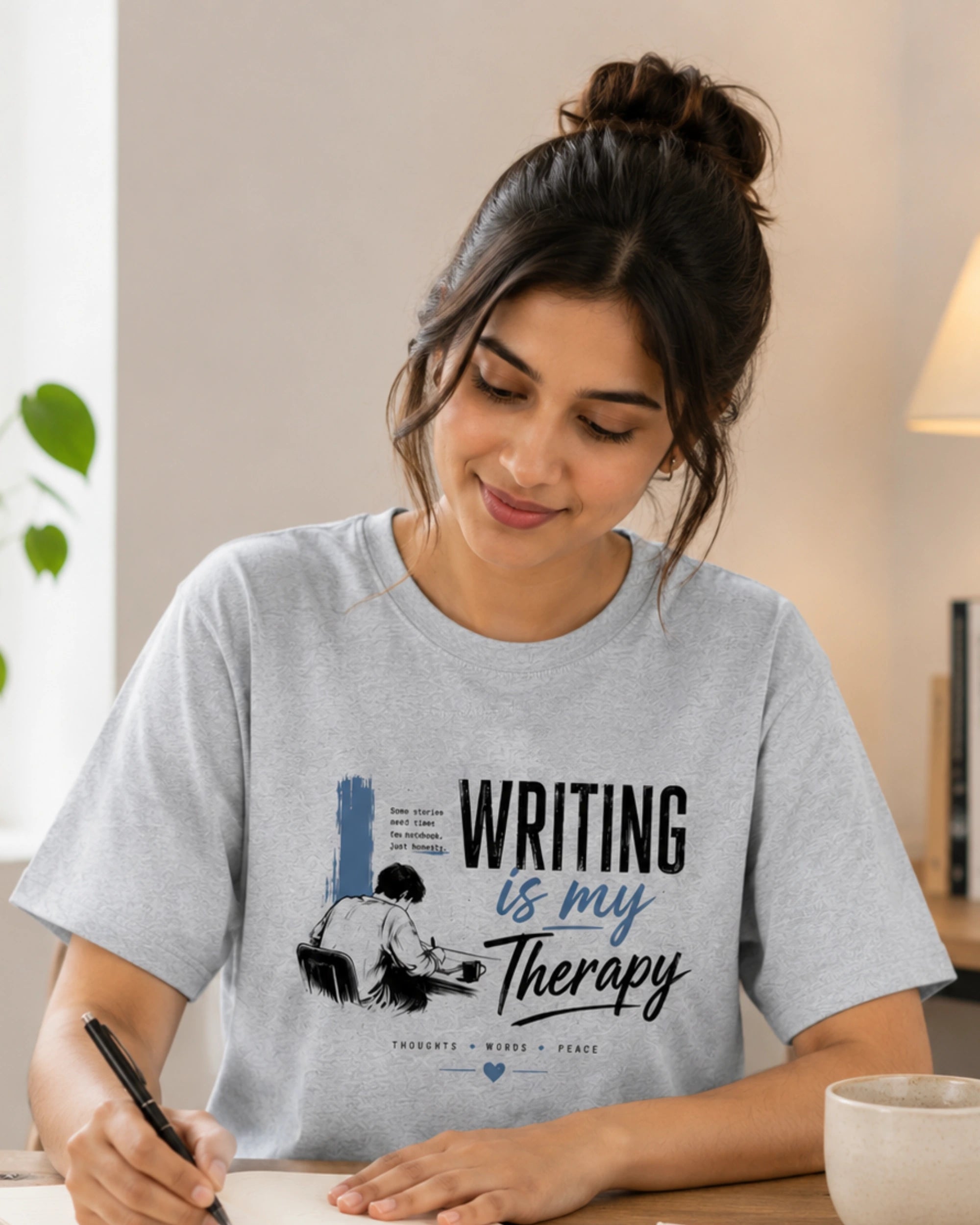 Writing Is My Therapy – Writer Graphic T-Shirt (Grey Melange)