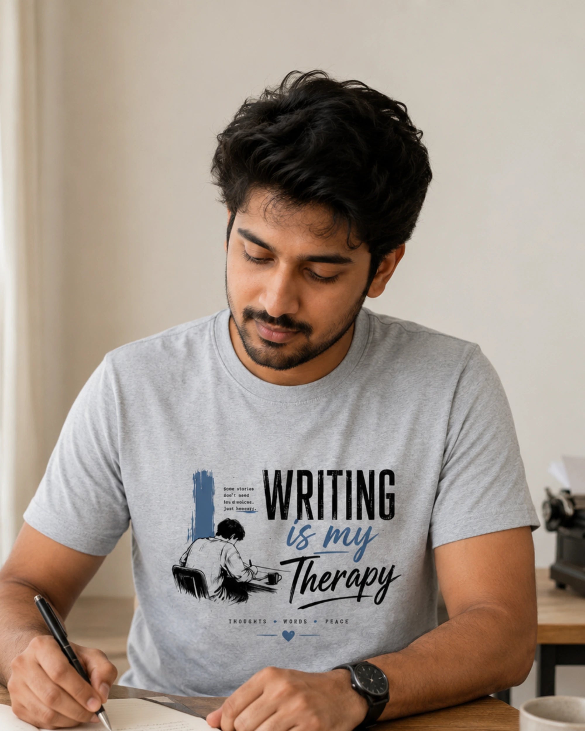 Writing Is My Therapy – Writer Graphic T-Shirt (Grey Melange)