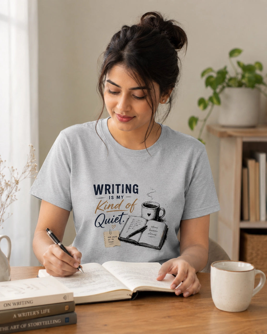 Writing Is My Kind Of Quiet - Grey Melange Round Neck Writer T-shirt