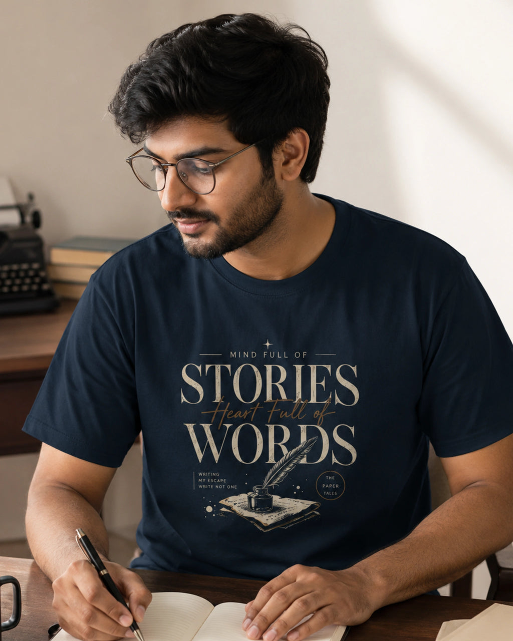 Mind Full Of Stories Heart Full Of Words - Navy Blue Round Neck Writer T-shirt