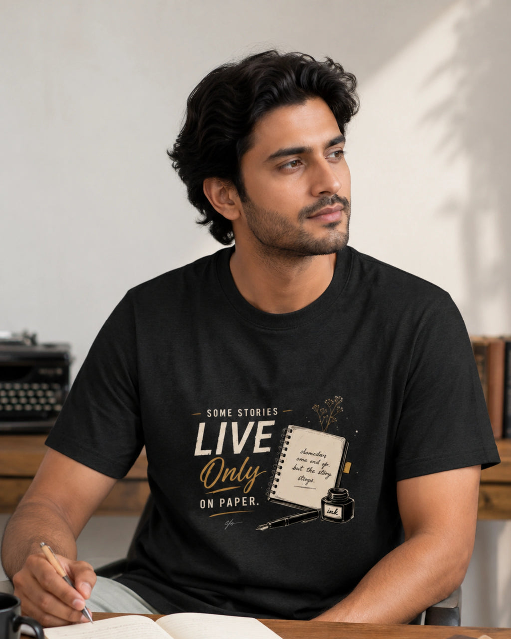 Some Stories Live Only On Paper – Writer T-Shirt (Black Melange)